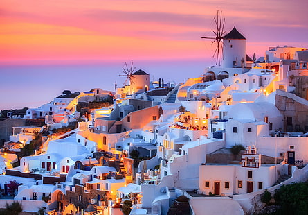 the sky, the city, lights, rocks, island, the evening, Santorini, Greece, Thira, HD wallpaper HD wallpaper