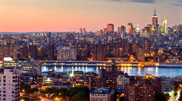 city skyline, sunset, the city, lights, Strait, building, New York, skyscrapers, the evening, USA, Manhattan, NYC, New York City, tall, Midtown, HD wallpaper