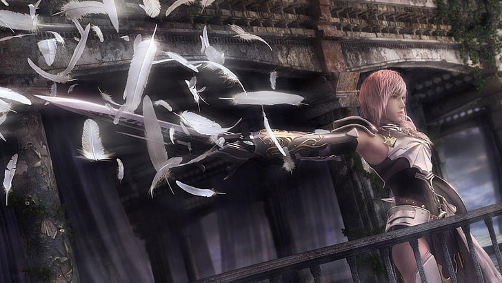 розоволосый женский персонаж с мечом цифровые обои, Final Fantasy, Final Fantasy XIII-2, Lightning (Final Fantasy), HD обои