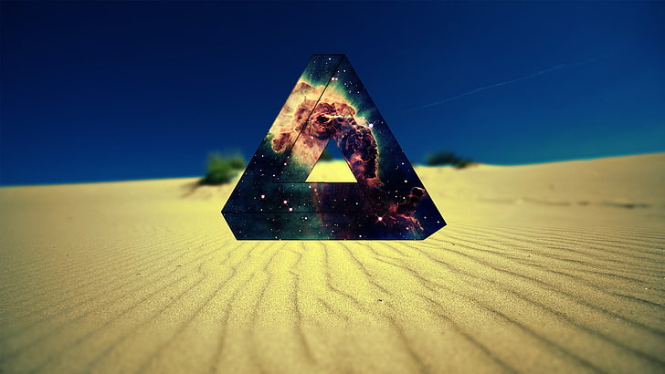 зелено лого на връх, триъгълник, пустиня, пространство, мъглявина, триъгълник на Пенроуз, HD тапет