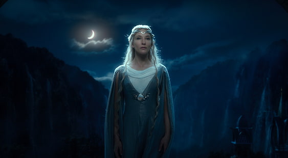 Galadriel, Cate Blanchett, The Hobbit: Perjalanan yang Tak Terduga, seni fantasi, The Lord of the Rings: The Fellowship of the Ring, pirang, peri, cahaya bulan, film, Wallpaper HD HD wallpaper