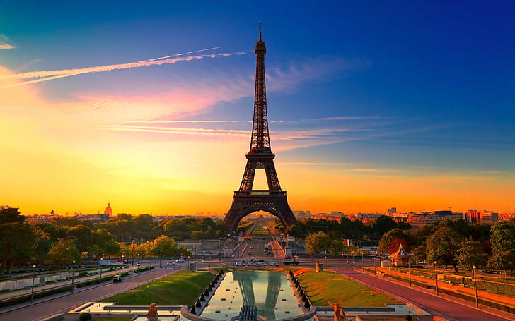 Sunset in Paris, eiffel tower paris france, eiffel tower, sky, picture, pics, HD wallpaper