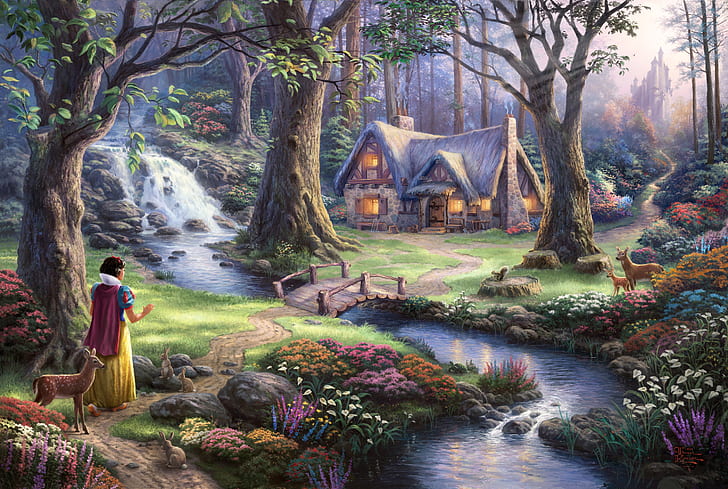 animals, drawings, fairy, forest, girls, home, nature, tales, water, widescreen, HD wallpaper