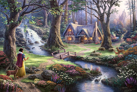 trees, flowers, bridge, castle, waterfall, tale, the evening, art, house, fantasy, sunshine, river, deer, Princess, Thomas Kinkade, Disney, fairytale, 50-th anniversary, The Disney dreams collection, Snow white and the 7 dwarfs, Snow-White and seven dwarves, Snow White discovers the cottage, HD wallpaper HD wallpaper