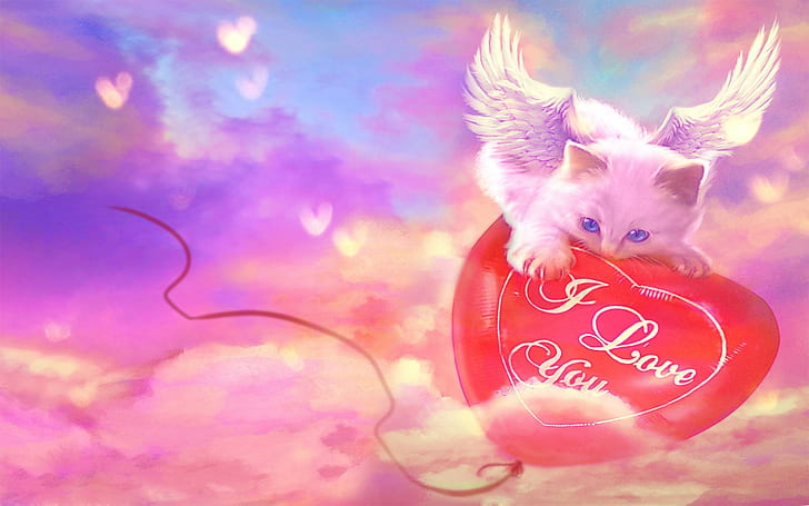 sztuka cyfrowa, 1920x1200, kot, anioł, miłość, serce, Kupidon, Tapety HD