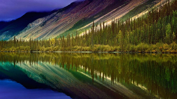 водоем обои, пейзаж, природа, горы, лес, река, облака, вода, отражение, канада, деревья, HD обои
