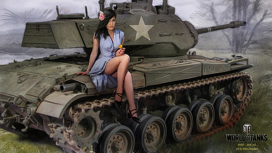 женское фиолетовое платье без рукавов с V-образным вырезом, цветок, девушка, танк, танки, WoT, World of Tanks, Wargaming.Net, BigWorld, Никита Боляков, HD обои HD wallpaper