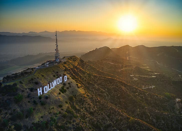 hollywood sign, aerial view, sunrise, HD wallpaper