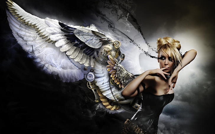 ファンタジー少女、天使、翼、ブロンド、ファンタジー、少女、天使、翼、ブロンド、 HDデスクトップの壁紙