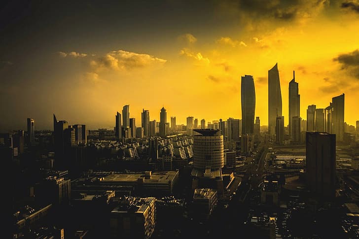 город, здание, закат, желтый, архитектура, небоскреб, небо, центр города, Кувейт, темно, облака, вечер, HD обои