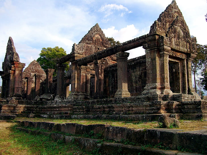 Preah Vihear Temple., Бетонный кирпич, старый храм, Камбоджа, мир древний храм, храм Камбоджи, древние, животные, HD обои