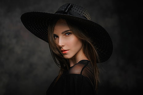 Pavel Cherepko, kobiety, model, długie włosy, twarz, portret, patrząc na widza, brunetka, proste włosy, proste tło, kapelusz, Tapety HD HD wallpaper