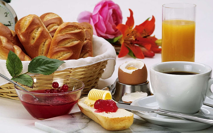 Essen, Brot, Kaffee, Saft, Eier, Butter, HD-Hintergrundbild