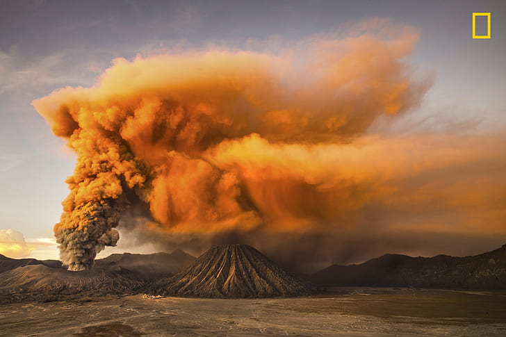 National Geographic, logo, natura, krajobraz, wulkan, erupcja wulkanu, erupcja, dym, Jawa (wyspa), Indonezja, Reynold Riksa Dewantara, Tapety HD