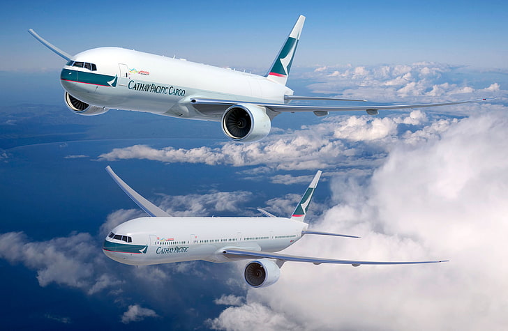 два бели самолета, небето, самолетът, Boeing, авиация, 777, във въздуха, мухи, Cathay Pacific, буря, HD тапет