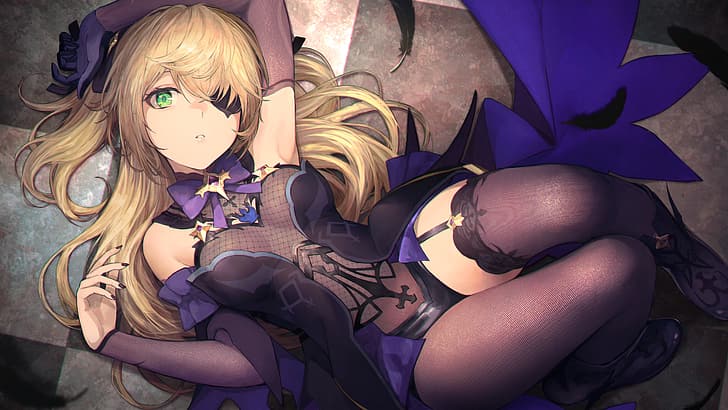 Genshin Impact, Fischl (Genshin Impact), anime, anime women, anime girls, lying on back, looking up, looking at viewer, blonde, bodystockings, eyepatches, blue eyes, thigh-highs, thighs, thick thigh, boobs, small boobs, armpits, long hair, HD wallpaper