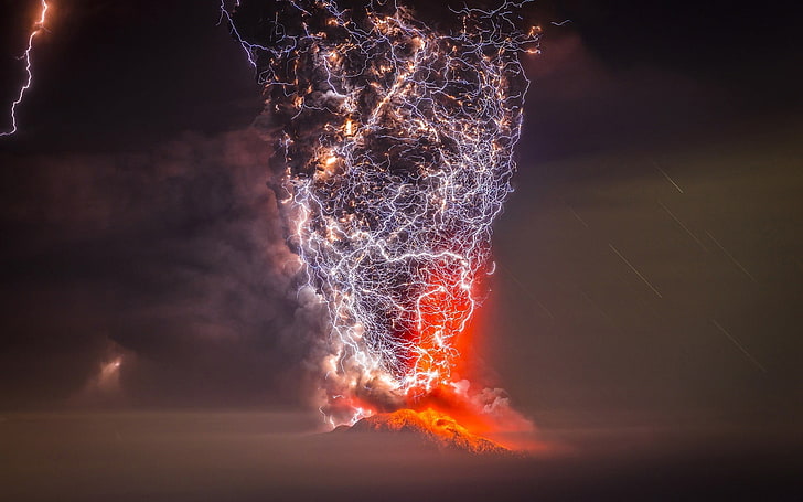 hurricane lightning and fire digital wallpaper, nature, volcano, lightning, clouds, HD wallpaper