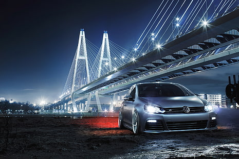 Volkswagen, Car, Front, Bridge, Night, Golf R, Low, HD wallpaper HD wallpaper