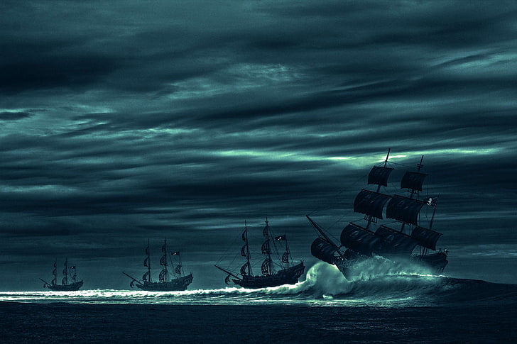 boat, cloud covered, grey sky, ocean, picture, pirate, pirate ship, sea, side, storm, waves, HD wallpaper