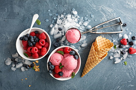 Food, Ice Cream, Berry, Blueberry, Fruit, Raspberry, Still Life, Waffle Cone, HD wallpaper HD wallpaper