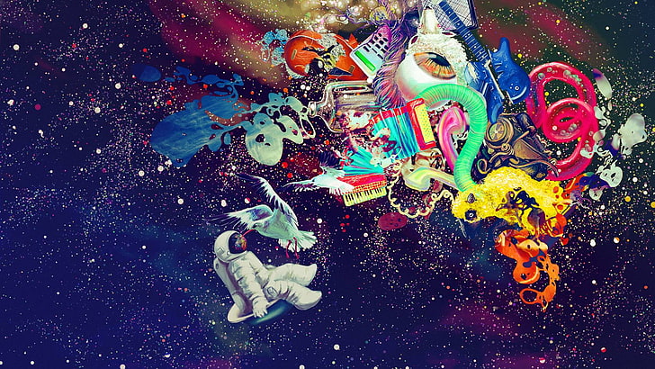 mehrfarbige Malerei, ohne Titel, Raum, bunt, abstrakt, psychedelisch, Astronaut, digitale Kunst, HD-Hintergrundbild