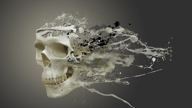 digital art, simple background, skull, teeth, gray background, paint splatter, artwork, HD wallpaper