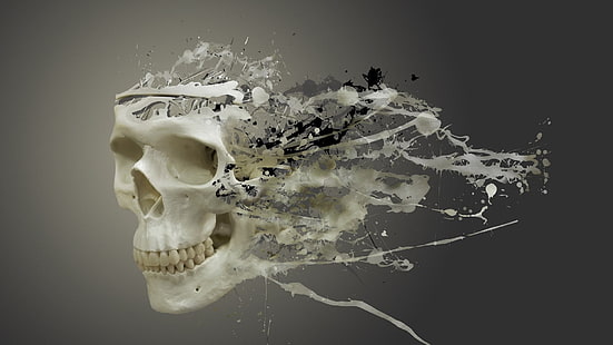 digital art, simple background, skull, teeth, gray background, paint splatter, artwork, HD wallpaper HD wallpaper
