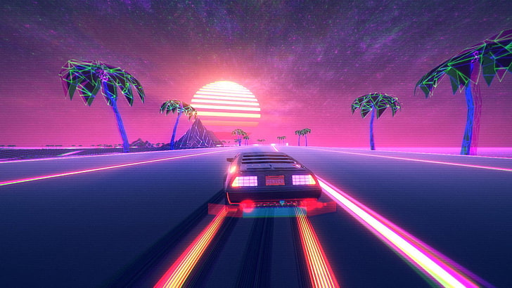 Road، Stars، The game، Neon، Machine، DeLorean DMC-12، DeLorean، Electronic، Synthpop، Darkwave، Retrowave، Synth-pop، Synthwave، Synth pop، Out Drive، خلفية HD