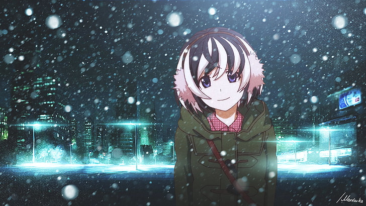 zielona kurtka z zamkiem na całej długości, seria Monogatari, Hanekawa Tsubasa, zima, noc, miasto, śnieg, anime, Tapety HD