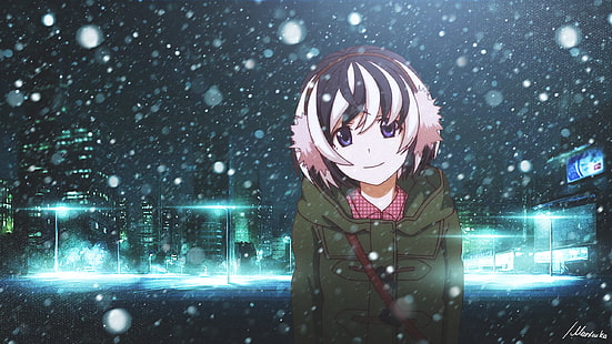 zielona kurtka z zamkiem na całej długości, seria Monogatari, Hanekawa Tsubasa, zima, noc, miasto, śnieg, anime, Tapety HD HD wallpaper