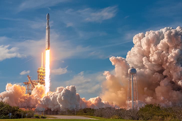 Falcon Heavy, peluncuran roket, roket, asap, api, pembakaran, digital, SpaceX, Wallpaper HD