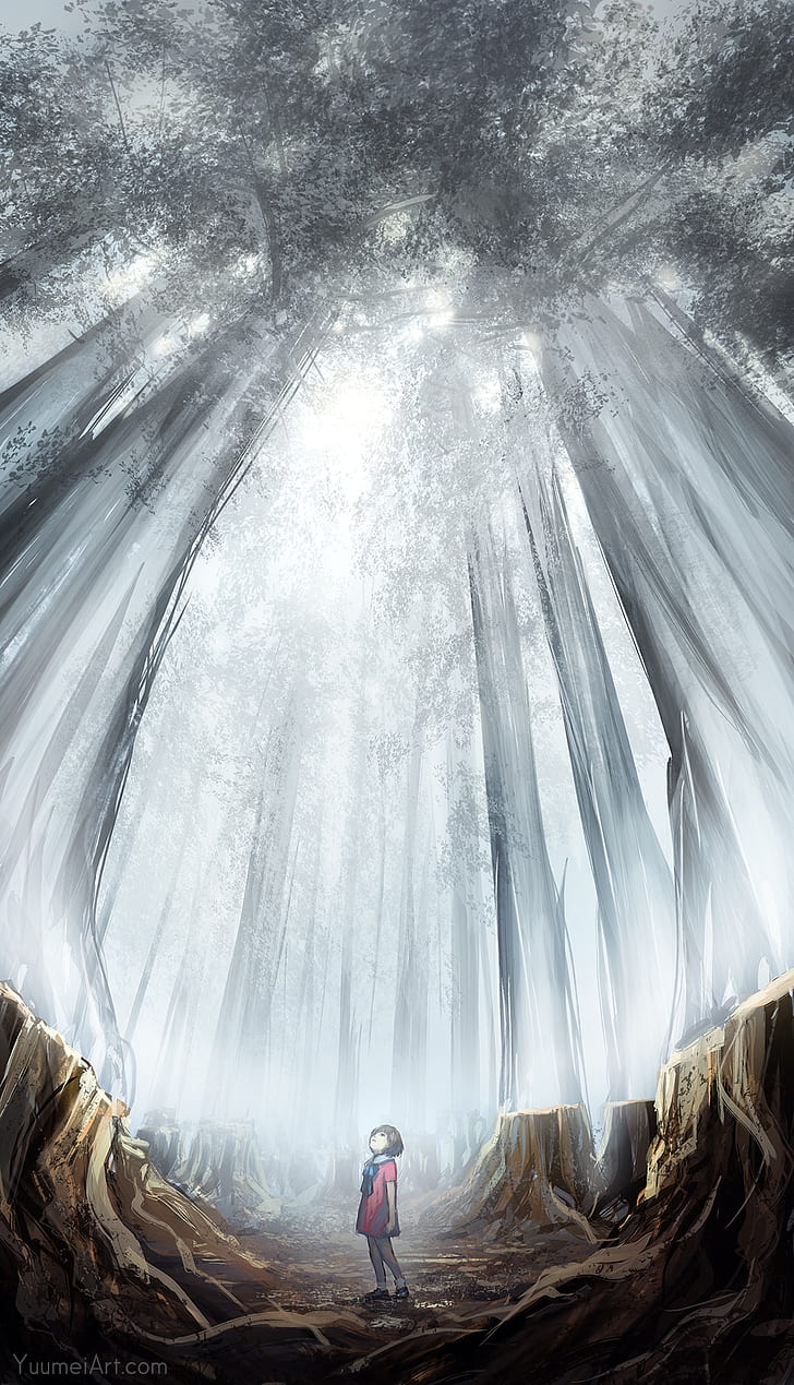 mirando hacia arriba, Yuumei, bosque, niebla, niños, tocón de árbol, arte digital, Fondo de pantalla HD, fondo de pantalla de teléfono