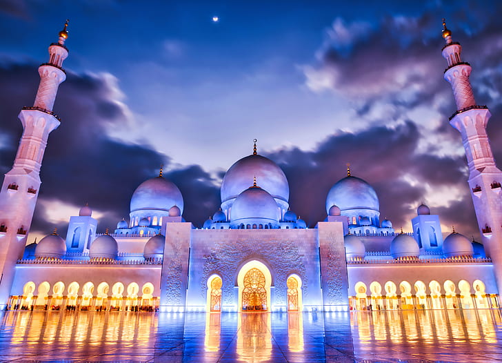 mosque with open lights, The Mighty, Mosque, open, Abu Dhabi, Hasselblad, UAE, Temple, Horizontal, Colour, Color, Day, Time, Daily, RR, symmetry, Symmetrical, Outdoor, Outdoors, Outside, HDR Photography, Aurora HDR, Gold, Sky, Clouds, Building, Worship, Religion, People, HCD, architecture, islam, minaret, spirituality, famous Place, cultures, asia, arabic Style, HD wallpaper