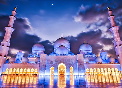 mosque with open lights, The Mighty, Mosque, open, Abu Dhabi, Hasselblad, UAE, Temple, Horizontal, Colour, Color, Day, Time, Daily, RR, symmetry, Symmetrical, Outdoor, Outdoors, Outside, HDR Photography, Aurora HDR, Gold, Sky, Clouds, Building, Worship, Religion, People, HCD, architecture, islam, minaret, spirituality, famous Place, cultures, asia, arabic Style, HD wallpaper HD wallpaper