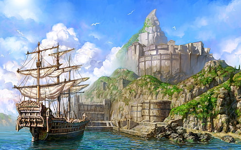 山の近くの船のデジタル壁紙、船、ファンタジーアート、帆船、アートワーク、 HDデスクトップの壁紙 HD wallpaper