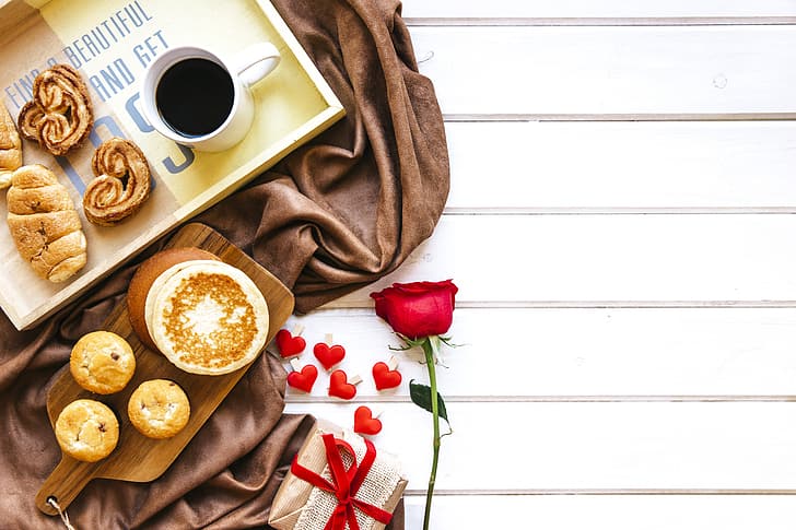 love, gift, roses, Breakfast, red, heart, cakes, romantic, coffee cup, valentine's day, croissants, growing, a Cup of coffee, gift box, HD wallpaper