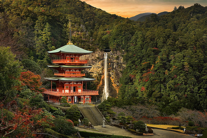 landscape, castle, waterfall, Japan, HD wallpaper