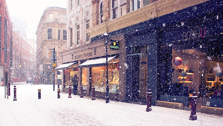 град, зима, Европа, улица, сняг, пазаруване, HD тапет