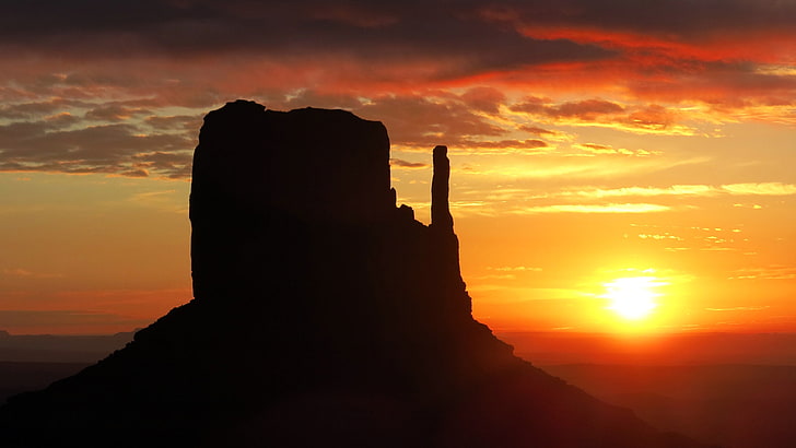 силуэт, долина монументов Олято, западная рукавица, послесвечение, закат, солнце, аризона, облако, пустыня, геологическое явление, небо, вечер, долина монументов, навахо, племенной парк навахо, долина олато-памятник, HD обои
