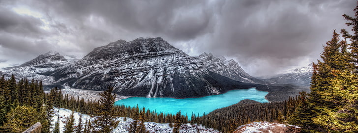 Peyto Lake, Canadian Rockies, Banff National..., snow-covered mountain, Canada, Alberta, View, Travel, Nature, Turquoise, Lake, Mountains, Park, Holiday, Glacier, Vacation, Overcast, Banff, Tour, nationalpark, tourism, canadianrockies, peyto, HD wallpaper
