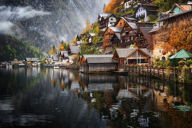 mountains, lake, home, Austria, Hallstatt, HD wallpaper