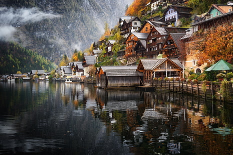 berg, sjö, hem, Österrike, Hallstatt, HD tapet HD wallpaper