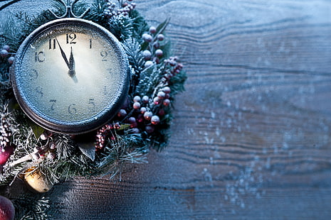 кръгъл сив аналогов стенен часовник, Нова година, Коледа, замразен, часовник, HD тапет HD wallpaper