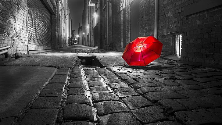 umbrella, red, photograph, black and white, monochrome photography, light, alley, photography, darkness, snapshot, street, wall, monochrome, road, HD wallpaper