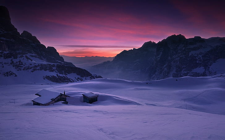 naturaleza, paisaje, montañas, nieve, cabaña, nubes, cielo, Dolomitas (montañas), Italia, invierno, frío, Fondo de pantalla HD