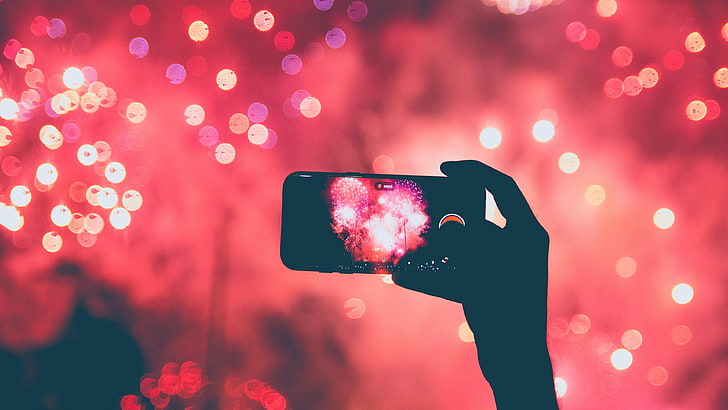red, pink, party, silhouette, hand, cell phone, mobile phone, event, phono, photo, bokeh lights, fireworks, HD wallpaper