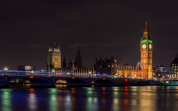 stad, London, Big Ben, Westminster, natt, stadsljus, lång exponering, Themsen, HD tapet