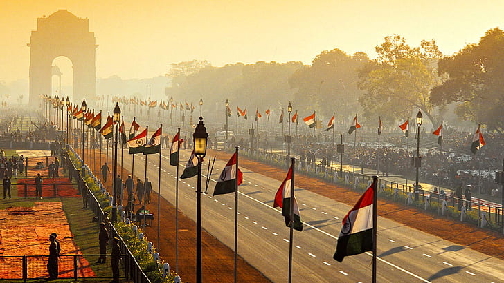 calle, India, arco, desfile, banderas, Día de la República, Nueva Delhi, Fondo de pantalla HD