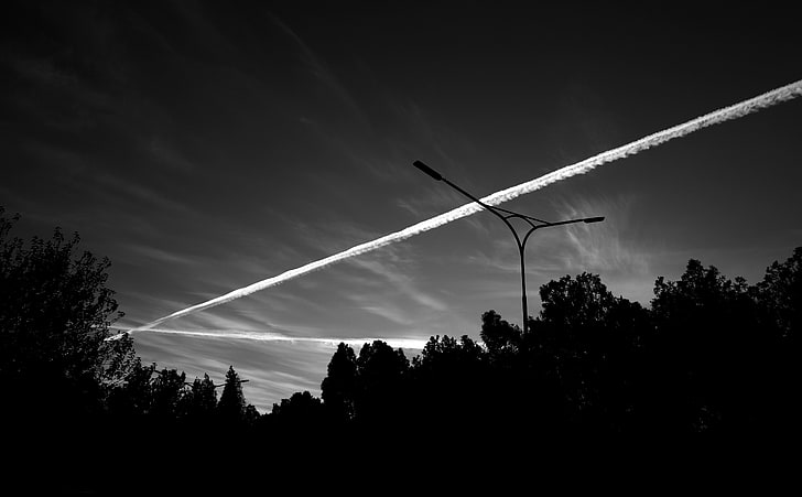 Dark, electric pole, Black and White, Dark, Trees, Photography, Silhouette, Traces, plane traces, HD wallpaper