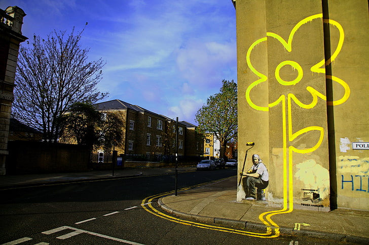 ถนนคอนกรีตสีเทาจิตรกรดอกไม้กราฟฟิตี Banksy, วอลล์เปเปอร์ HD